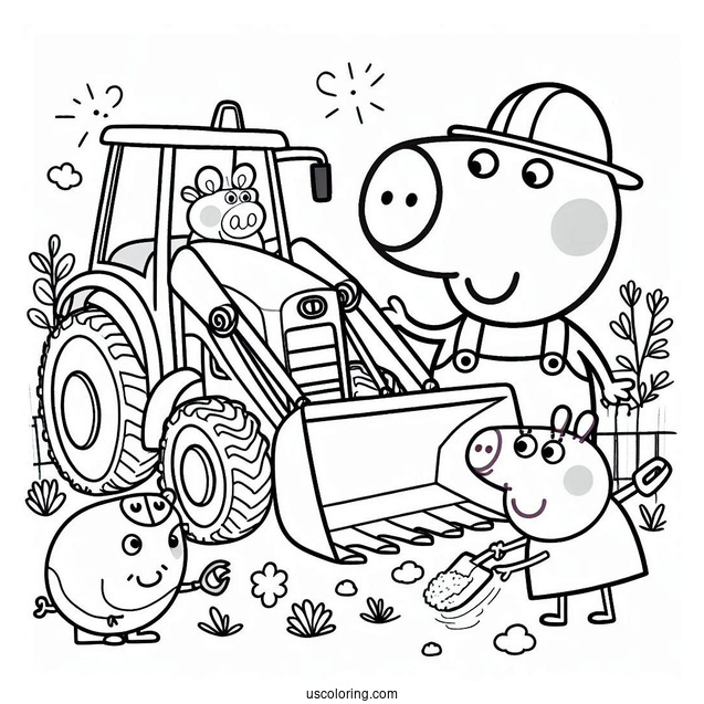 Mr Bull In Digger Being Helped By Peppa And George
