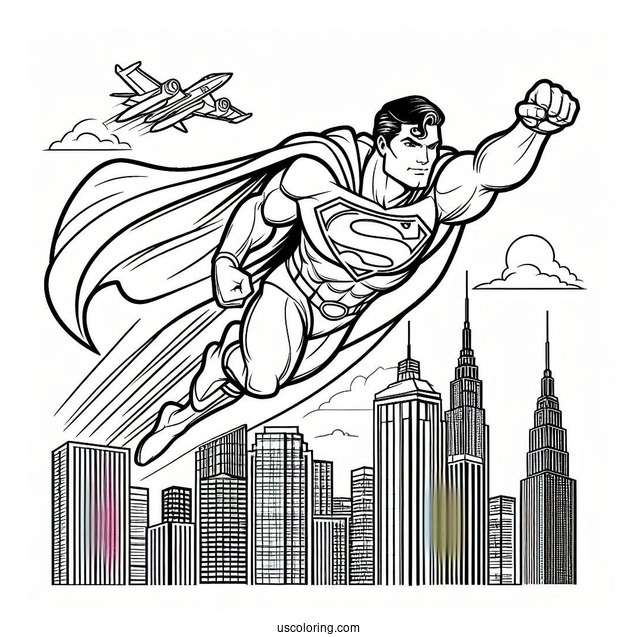 Superman Flying Over Buildings Coloring