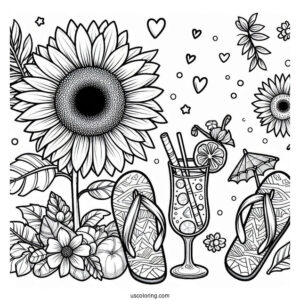 Summer Coloring Page Of Sunflower, Flip Flops, And Cocktails