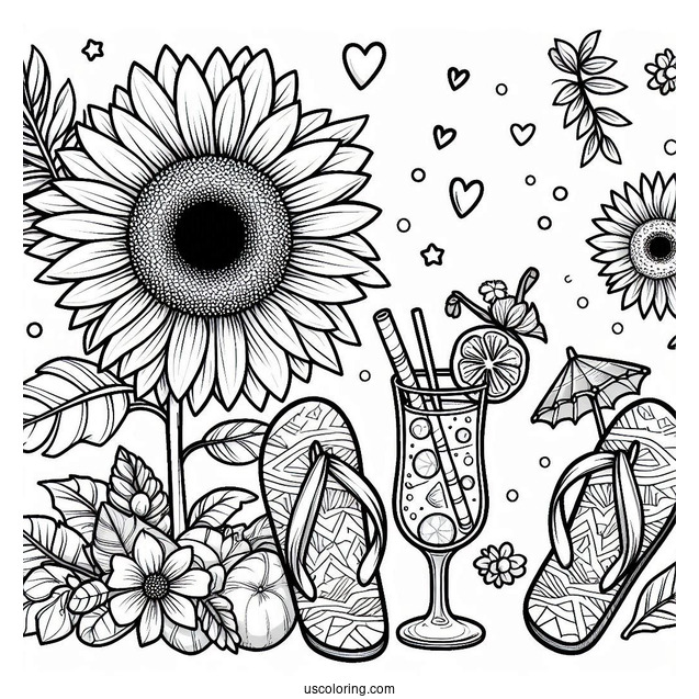 Summer Coloring Page Of Sunflower, Flip Flops, And Cocktails