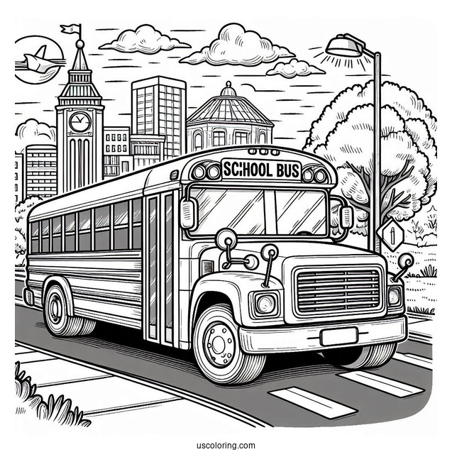 School Bus Driving Past Elementary School