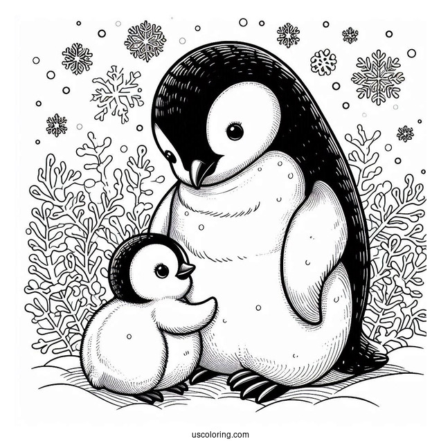 Emperor Penguin With Baby Chick Coloring In
