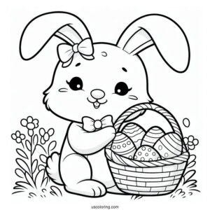 Smiling Bunny Holding A Basket Of Easter Coloring Page Of Eggs For Kids