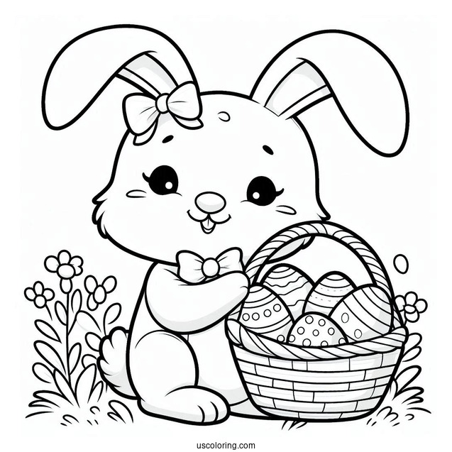 Smiling Bunny Holding A Basket Of Easter Coloring Page Of Eggs For Kids