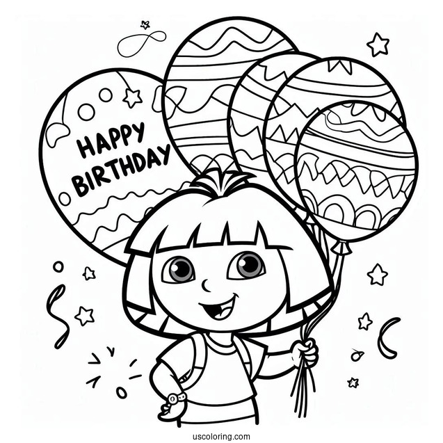 Dora Holding Happy Birthday Balloons To Color