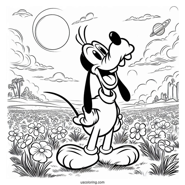 Goofy Standing With Pluto Coloring Page In Field