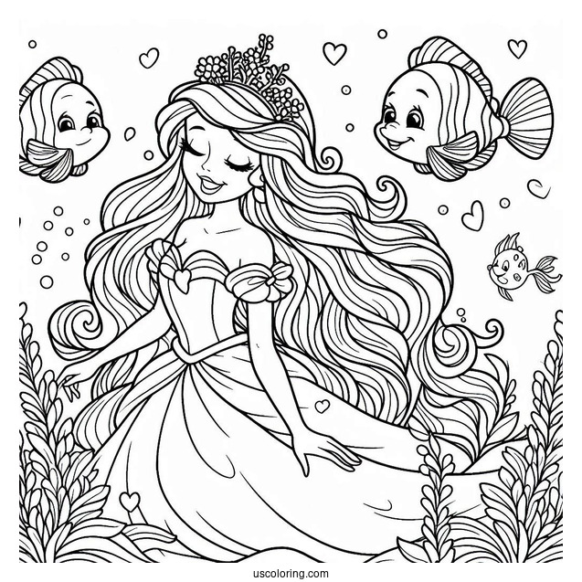 Princess Coloring Page Of Human Princess Ariel With Flounders