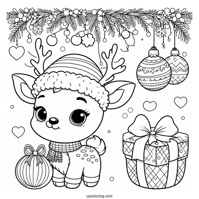Christmas Coloring Pages For Adults Of Cute Reindeer With Christmas Baubles And Santa Hat