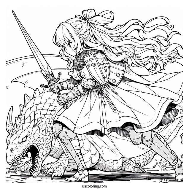 Coloring Sheet Of Girl Knight To Fight Dragon
