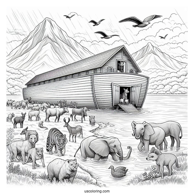 Realistic Noah's Ark Coloring Page With Animals Leaving The Ark