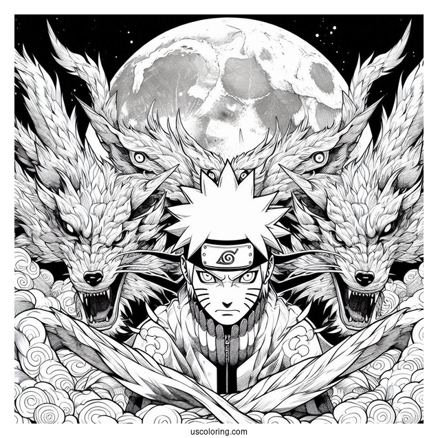 Naruto Coloring Page Of Fierce Nine Tails Under Full Moon