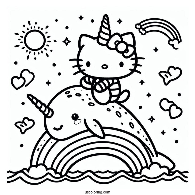 Hello Kitty Riding A Narwhal Coloring Page Over The Rainbow