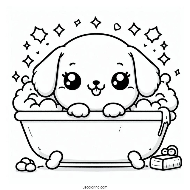Kawaii Puppy In A Bathtub Coloring Sheet