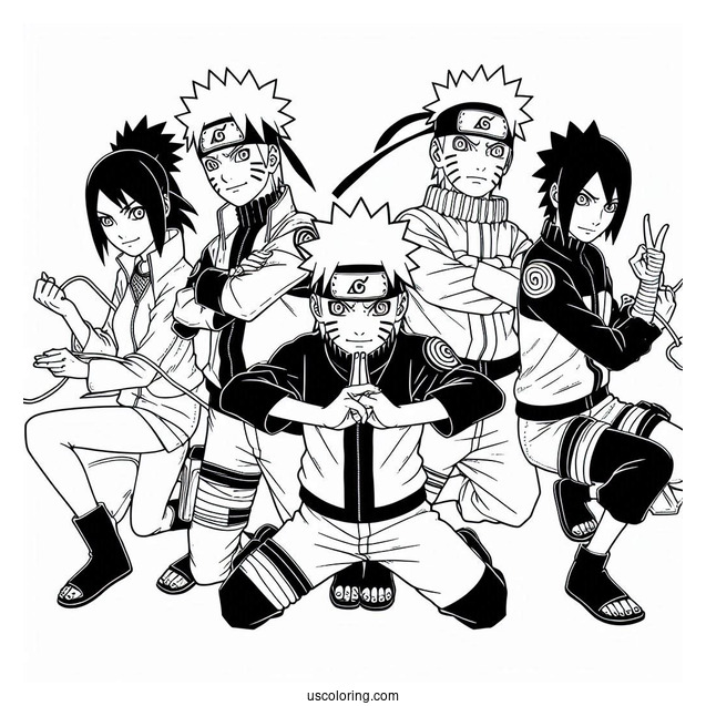 Naruto Coloring Page Of Iconic Team Seven Pose