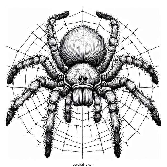 Detailed Huntsman Spider On Web To Color