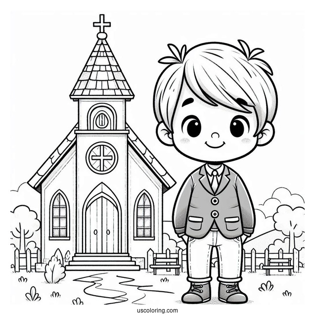 Little Boy Standing In Front Of A Church Coloring Page