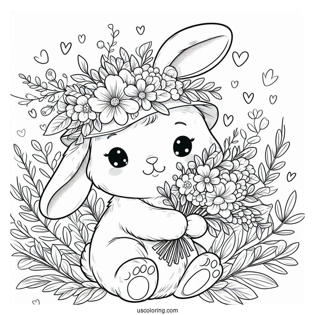 Cute Easter Bunny Coloring Page In Floral Cap Holding Flowers