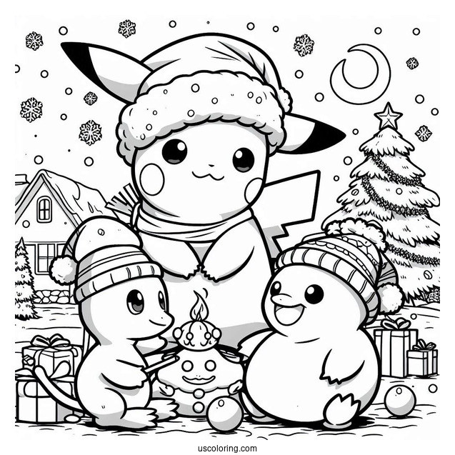 Pokemon Christmas Coloring Page Pikachu, Charmander, And Psyduck Making A Snowman