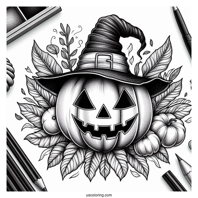 Pumpkin Coloring Page Of Detailed Jack O Lantern Wearing Witch Hat And Leaves