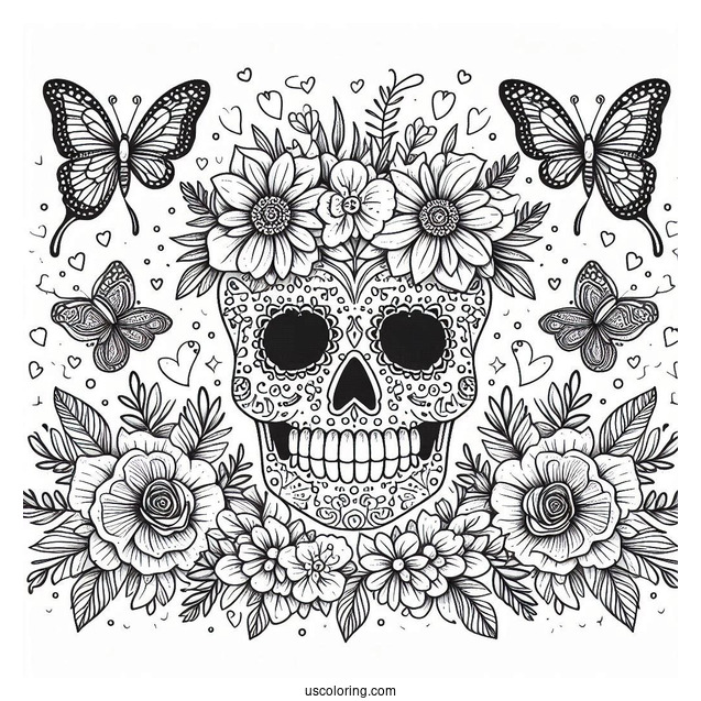 Detailed Sugar Skulls Coloring Page With Flowers And Butterflies