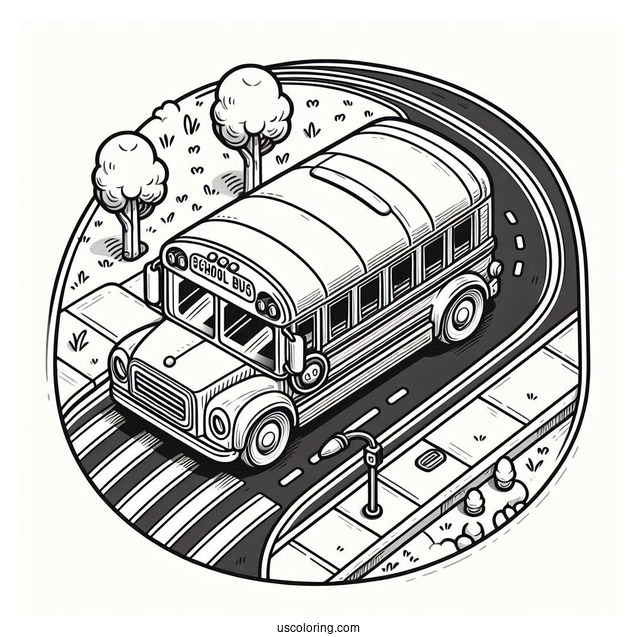 Top View Of Small School Bus Coloring Page On The Road