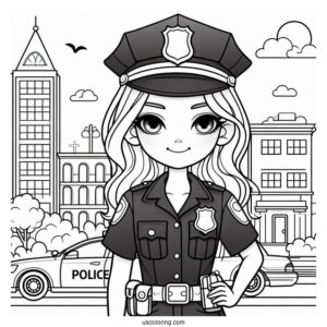 Police Woman In Front Of Police Station To Color