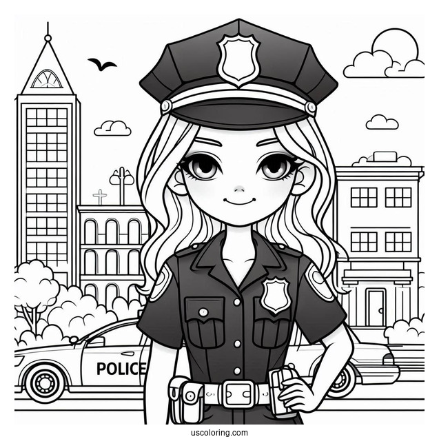 Police Woman In Front Of Police Station To Color
