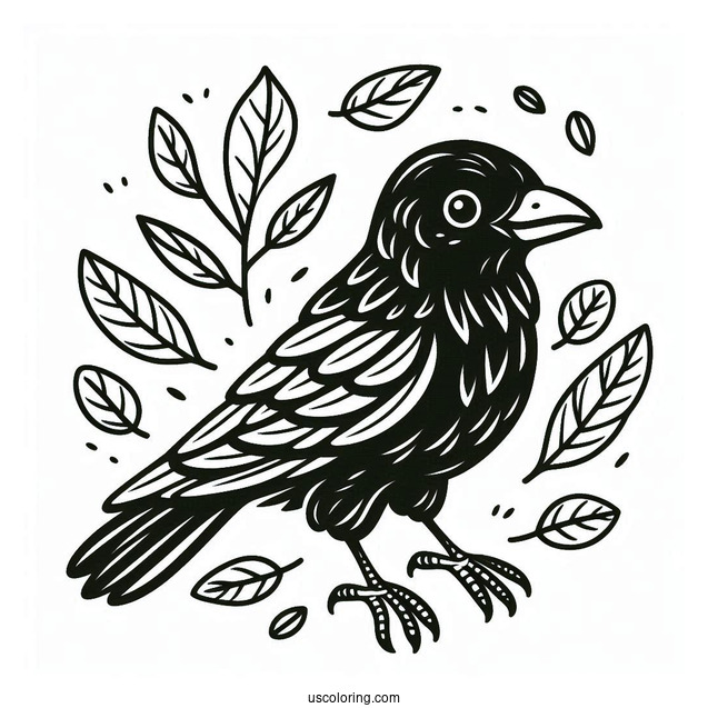 Baby Raven Coloring Page With Leaves For Kids