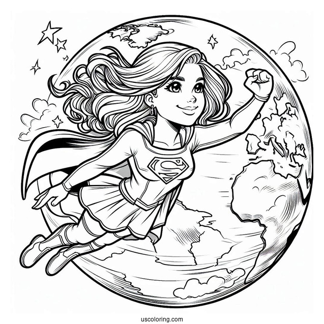 Comic Supergirl Coloring Page Flying Above Earth