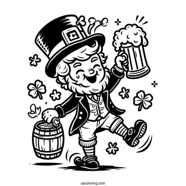 St. Patrick's Day Coloring Page Of Dancing Leprechaun Holding A Glass Of Beer