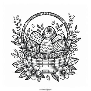 Easter Coloring Page Of Floral Happy Easter Basket With Eggs