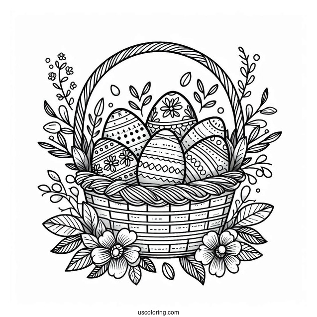 Easter Coloring Page Of Floral Happy Easter Basket With Eggs
