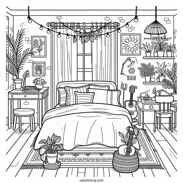Bedroom Coloring Page Japanese Theme Bedroom With Plants And Guitar