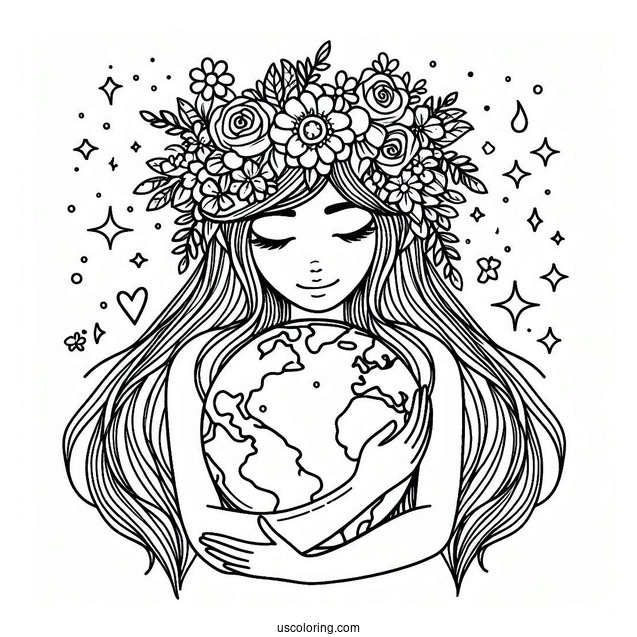 Woman With Flower Crown Hugging Earth Coloring Sheet