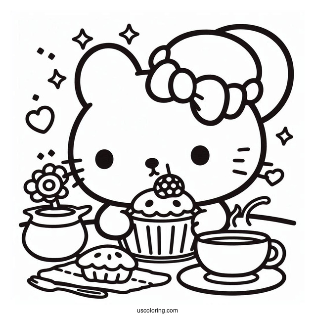 Sanrio Coloring Pages Of Pompompurin Drinking Tea With Muffin