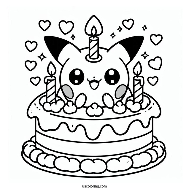 Kawaii Pokemon Birthday Cake Coloring Page