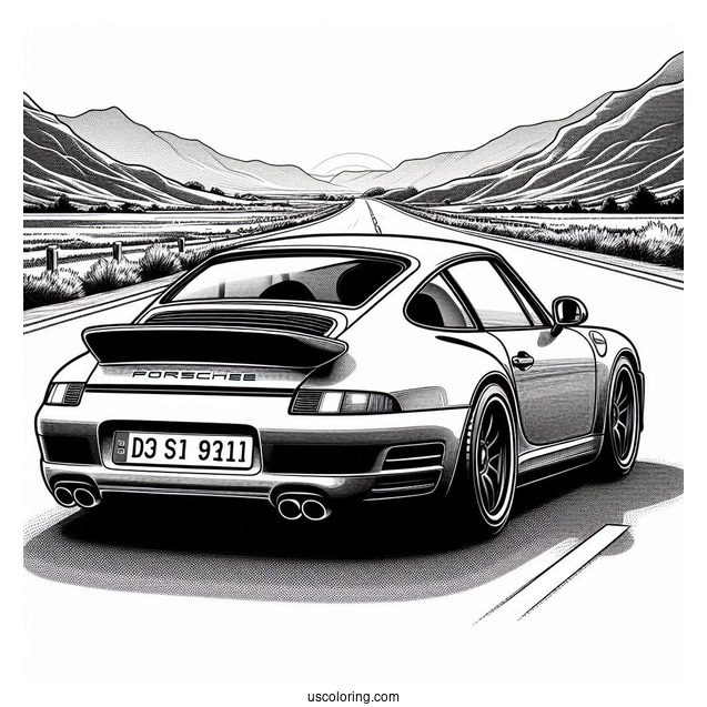Realistic Back View Of Porsche Coloring Page On The Road