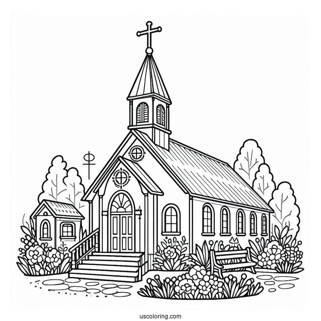 Easy Church Coloring Page Outline With A Cross For Preschoolers