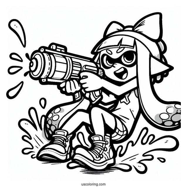 Splatoon Coloring Page Of Happy Pink Inkling Girl Shooting Inkjet