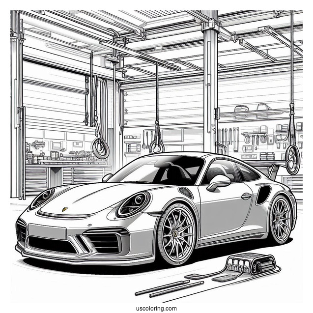 Sleek Porsche Coloring Page Parked In Garage