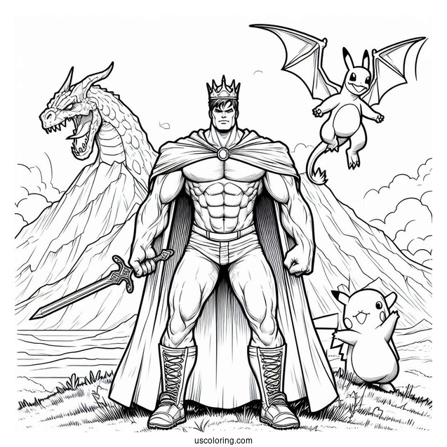Powerful Hulk Coloring Page Standing Behind Charizard