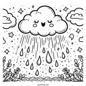 Rain Coloring Page Falling From Happy Cloud