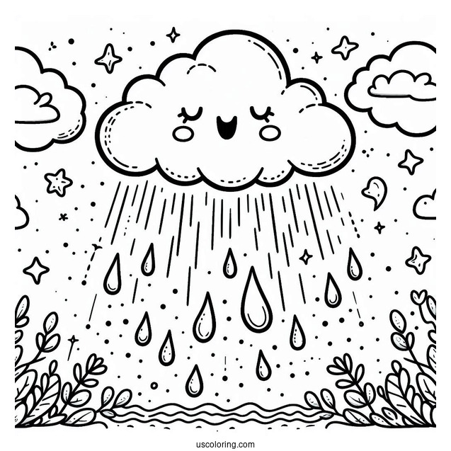 Rain Coloring Page Falling From Happy Cloud