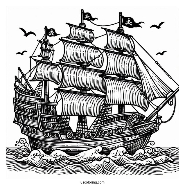 Detailed Pirate Ship Coloring Page