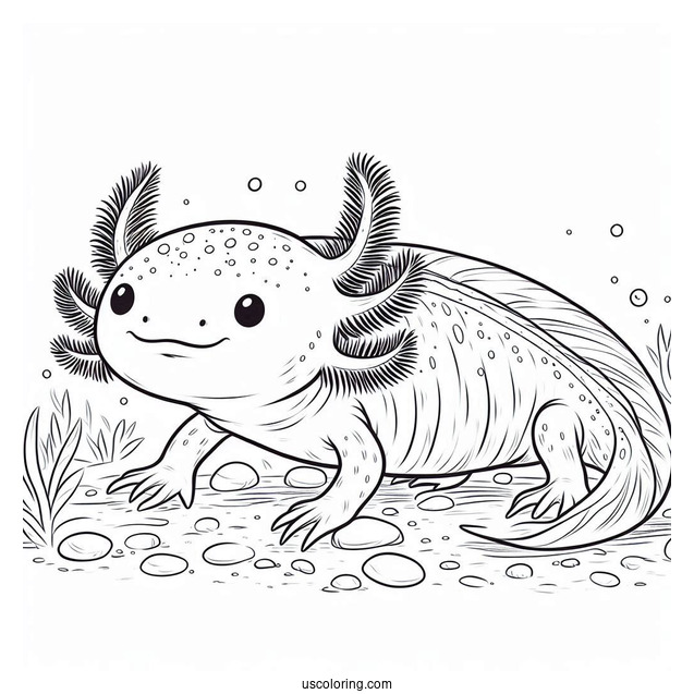 Large Axolotl Coloring Page Crawling On The Sea Floor