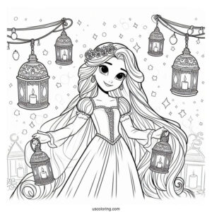 Princess Coloring Page Of Tangled Princess Rapunzel With Lanterns In Background