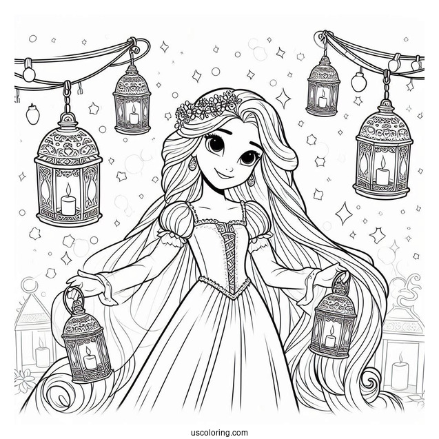 Princess Coloring Page Of Tangled Princess Rapunzel With Lanterns In Background