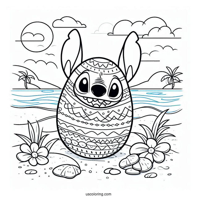 Stitch Easter Egg On A Beach Coloring Sheet
