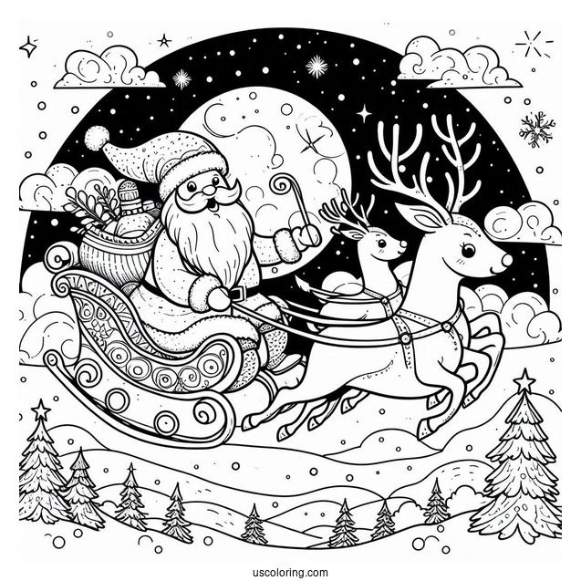 Santa Flying In The Sky With His Reindeer