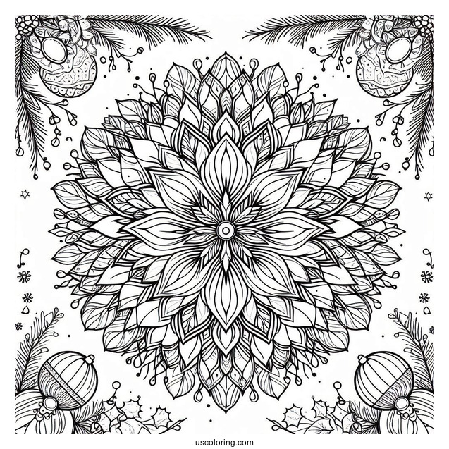Flower Christmas Mandala Coloring Page Surrounded By Mistletoes